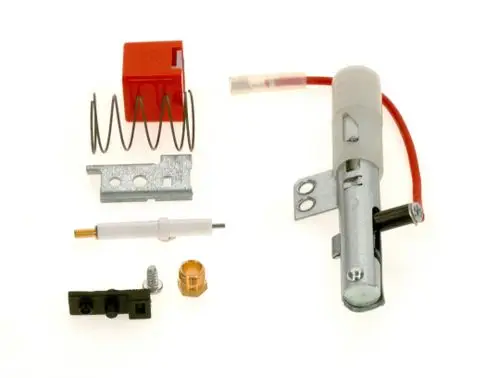 BOSCH Piezozünder bestehend aus verschiedenen Komponenten wie Motor, Feder, Verbindungsstück und elektrischen Anschluss in einer Anordnung auf hellem Hintergrund.